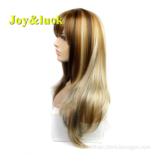 Long Straight Wig Brown Mix Blonde Synthetic Wigs for Women High Temperature Fiber Cosplay Or Daily Hair Wig